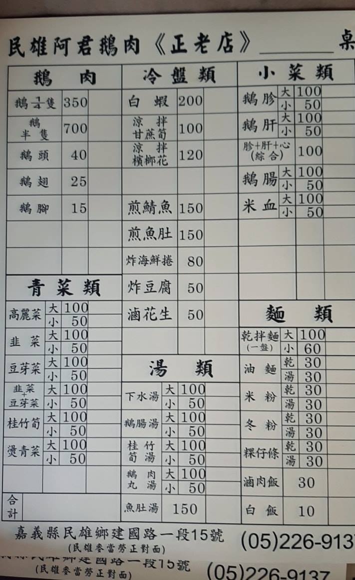 民雄阿君鵝肉菜單